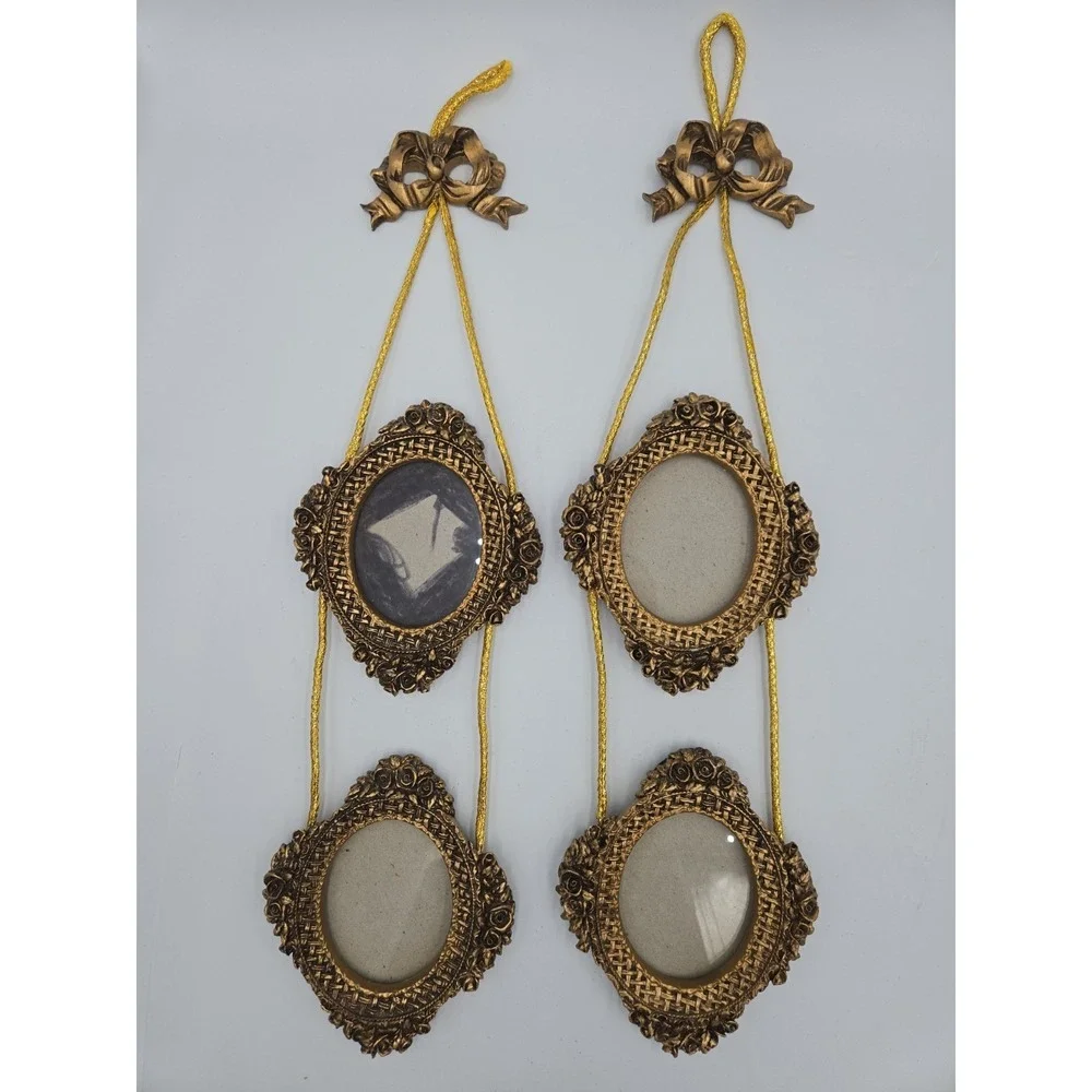 2 Vintage Resin Gold Bow Topper Wall Hanging Photo/Picture Double Frame Ornate